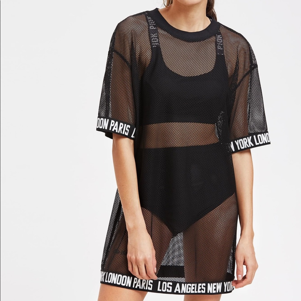 Logo trim drop shoulder fishnet tee dress
